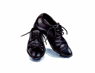 illustration, watercolor, black men's shoes for celebration