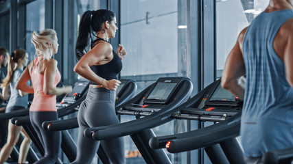 Fototapeta na wymiar Beautiful Athletic Sports Woman Wearing Wireless Headphones, Listens to Podcast or Sport Music Playlist while Running on a Treadmill. Energetic Female Athlete Training in the Gym Alone. Side Back View