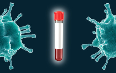 Half coronovirus cell with blood test tube