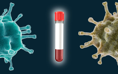 Half coronovirus cell with blood test tube
