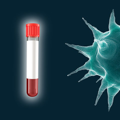 Half coronovirus cell with blood test tube, closeup illustration