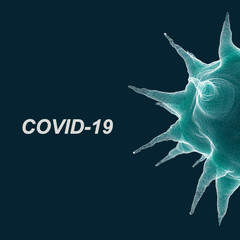 Half coronovirus cell with text COVID-19, closeup illustration