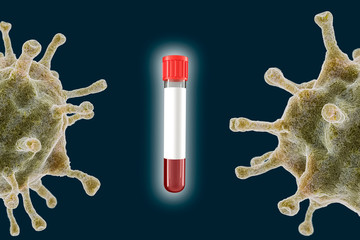 Half coronovirus cell with blood test tube