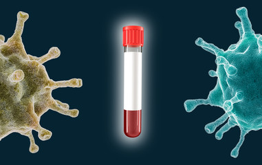 Half coronovirus cell with blood test tube