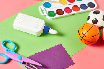 Different accessories for craft on pink background. Concept of handmade, leisure or preschool...
