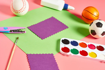 Different accessories for craft on pink background. Concept of handmade, leisure or preschool...
