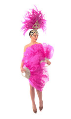 Beautiful cabaret dancer in a headdress of feathers and rhinestones.