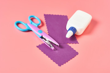 Different accessories for craft on pink background. Concept of handmade, leisure or preschool education