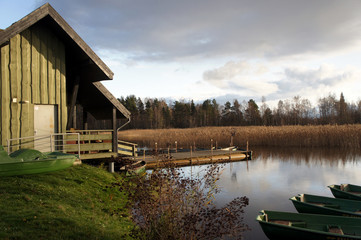 Evening at the fishing boat station on Lake Kanieris. Latvia.