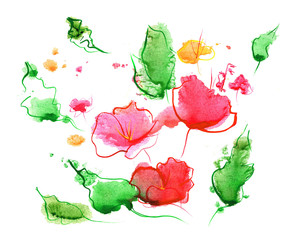 Abstract flowering meadow on a white background. Watercolor stains and lines.