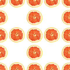 Seamless infinity pattern of isolated slices of grapefruit. Wallpaper for background, design and packaging.