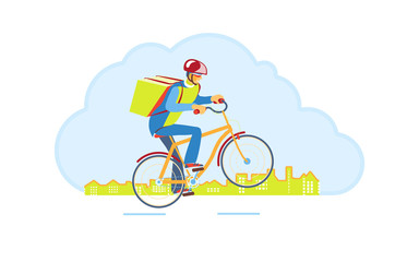 Delivery Boy worker of fast delivery service. Bicycle courier, Express Online ordering mobile app. Man on bicycle with parcel box on backpack delivers food In city.Ecological courier carrier service