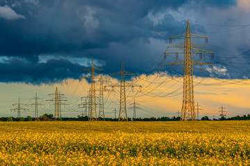 High voltage power lines and pylons in the field.