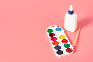 Different accessories for craft on pink background. Concept of handmade, leisure or preschool...