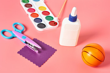 Different accessories for craft on pink background. Concept of handmade, leisure or preschool education