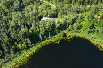 Top view of the forest lake and vegetation along its shores