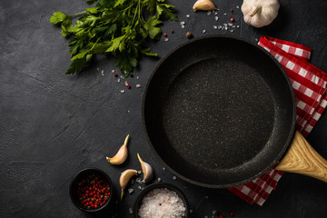 Frying pan or skillet on black table.