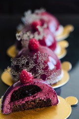 Blueberry mousse pastry dessert with decoration copy space