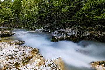Beautiful Mostnica gorge with green water near Bohinj