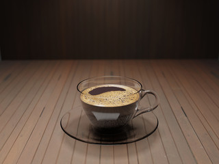 Hot coffee americano on the old wooden table