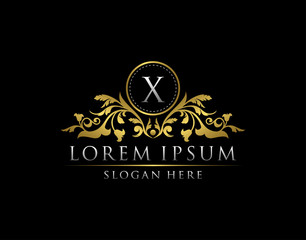 Naklejka premium Luxury Gold X Letter Logo template in vector for Restaurant, Royalty, Boutique, Cafe, Hotel, Heraldic, Jewelry, Fashion and other vector illustration