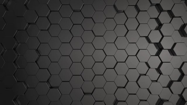 Pattern dark hexagon geometric surface, random fluctuation of texture. Digital motion graphics, technology hexagon background.  Seamless loop. 
