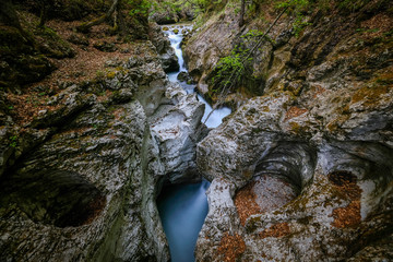 Beautiful Mostnica gorge with green water near Bohinj