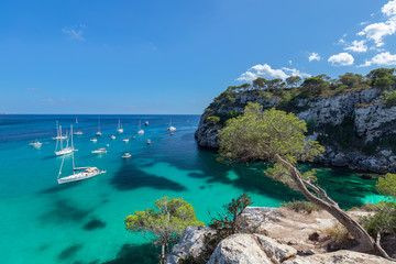 Seascape view of the most beautiful bay Cala Macarella of the island Menorca, Balearic islands,...