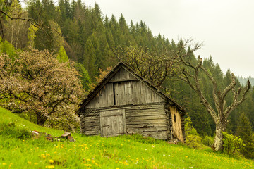 Old mountain hut high in the mountains