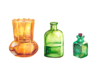 Still-life painting. Bottle. Watercolor Illustration. Botanical realistic. Can be used as  postcards, patterns. 