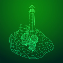 Lighthouse on rock stones island landscape. Navigation Beacon building. Wireframe low poly mesh vector illustration.