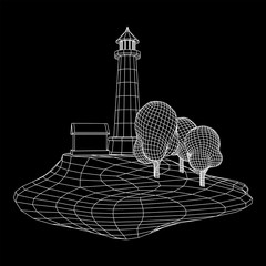 Lighthouse on rock stones island landscape. Navigation Beacon building. Wireframe low poly mesh vector illustration.