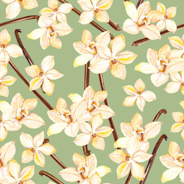 Watercolor hand painted natural vanilla flowers illustration seamless pattern - wallpaper, wrapping paper 