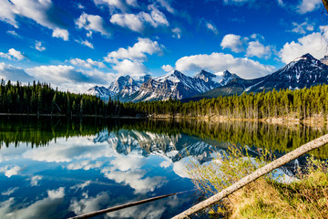 Early morning reflections in the crystal clear waters of Herbert Lake. Banff National Park, Alberta, Canada