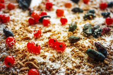 Currants and honeysuckle on the cake.