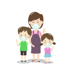 Cartoon Mother and Kids wearing Mask Vector 