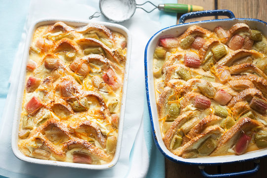 Rhubarb & Ricotta Bread & Butter Pudding With Icing Sugar 