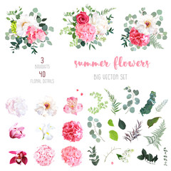 Pink hydrangea, rose, white peony, iris, ochid and sage greenery - obrazy, fototapety, plakaty