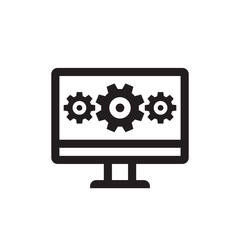 Computer with gears - vector business black icon concept line art illustration. Wrench and gears symbols. Search engine optimization. Abstract technology electronic sign. SEO. Graphic design element.
