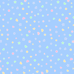 Obraz premium Scrapbook pattern. Dots, hearts and stars on blue background. Simple ornament. Vector illustration