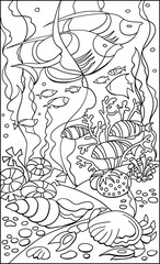 Coloring Page coral reef. Colouring picture with tropical fishes drawn in doodle lines style. Antistress freehand sketch drawing. Vector illustration. Coloring Book. EPS 8