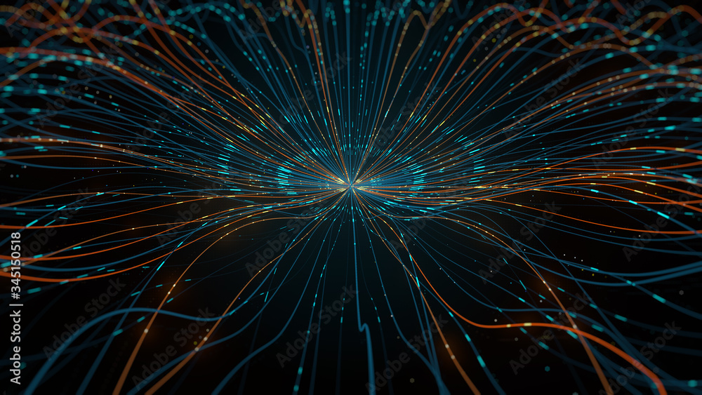 Poster 3d render of abstract shape that chaotically deformed. data centralisation concept.