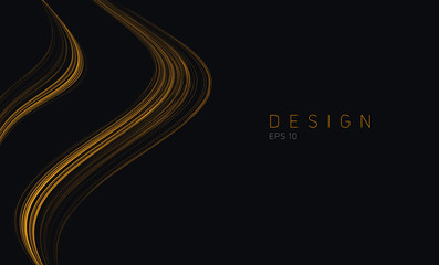 graphic element of golden lines forming fluid curves, design element on dark background with place for your text