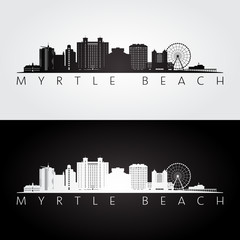Myrtle Beach, South Carolina skyline and landmarks silhouette, black and white design, vector illustration. - obrazy, fototapety, plakaty