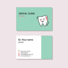 Business card design template for dentist. Dental clinic for kids.