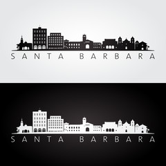 Santa Barbara, California skyline and landmarks silhouette, black and white design, vector illustration. - obrazy, fototapety, plakaty