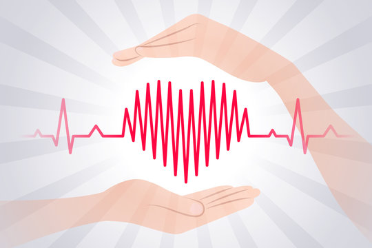 Heartbeat chart is shaped like heart symbol and hands near it