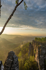 Fototapeta premium a beautiful view down in the tales from a viewpoint on the top of the Bastei in saxon switzerland, Germany
