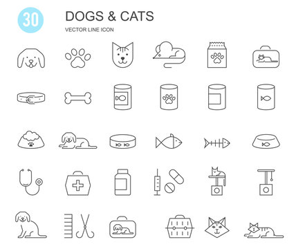 Pet shop, types of pets. Set of flat vector icons with a thin line.