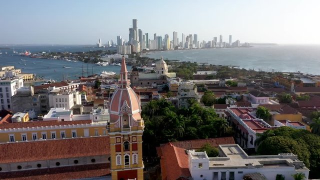 Aerial View of the Historic City Center of Cartagena, Colombia. Panorama of the old and new parts of the city in Cartagena